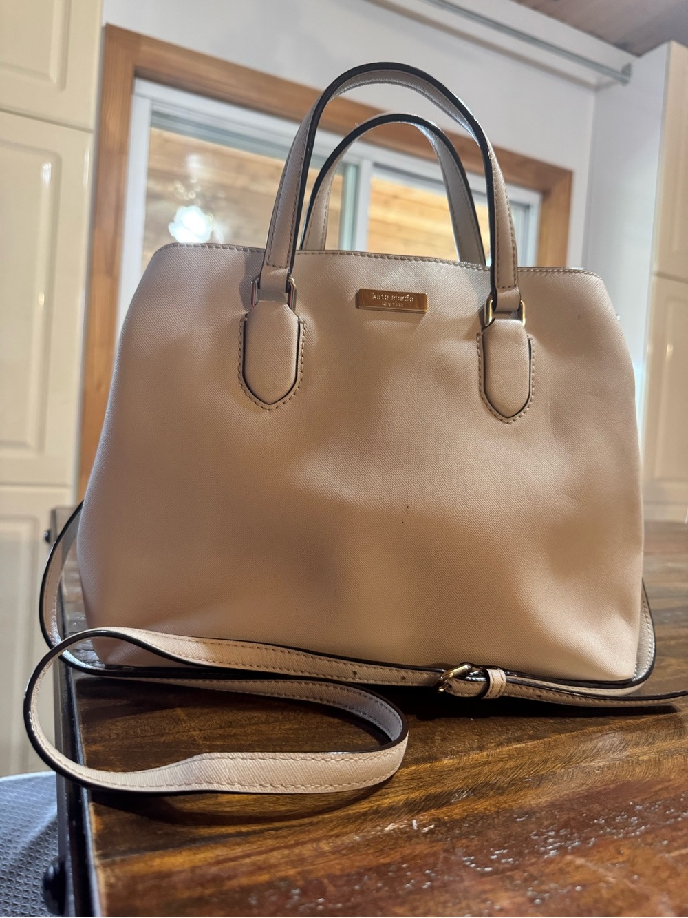 kate spade beige leather satchel with crossbody strap